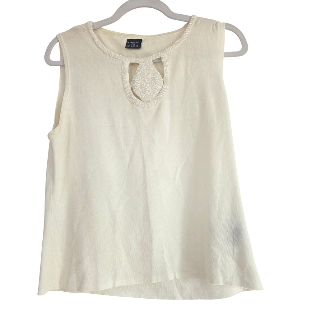 Tribal Ivory Beaded Cutout Sleeveless Knit Top Women's Large L